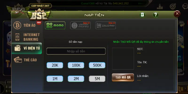 Tổng hợp các kênh nạp tiền tiện lợi tại B52 Club
